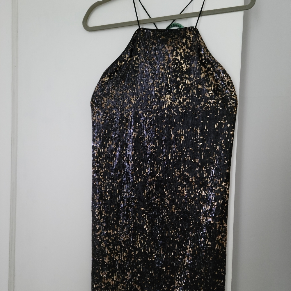 Shoshanna Black and Gold Sequin Mini Dress